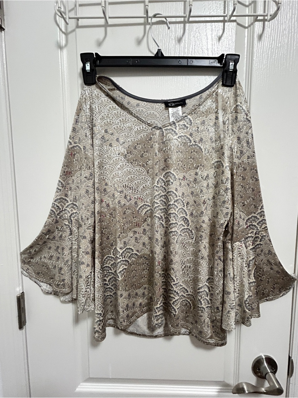 Dressy Taupe Paisley Bell-Sleeve Blouse
